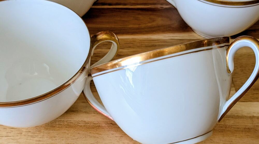 Antique CT Altwasser Silesia Germany Double Handle Cream Soup Cups Gold Set 6